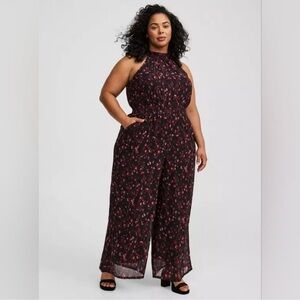 Floral Halter Jumpsuit - Black and Pink